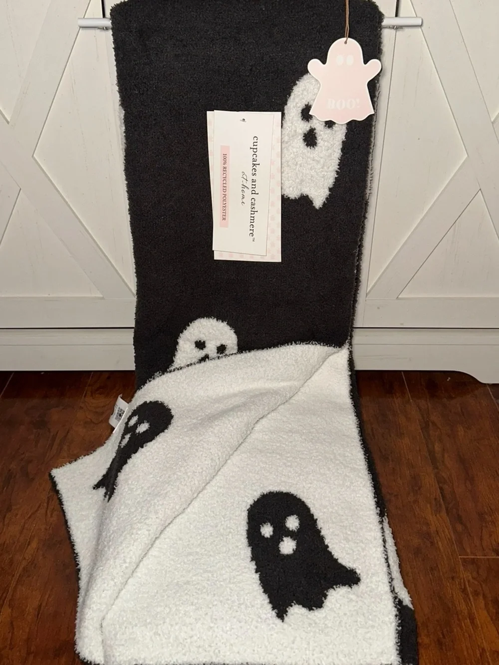 Cupcakes & Cashmere Black and White Ghost Decorative Halloween Throw Blanket